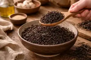 Cuenco lleno de alga arame deshidratada