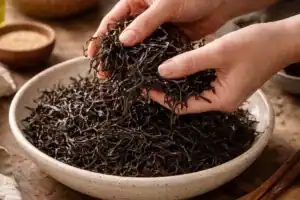 Manipulando arame seco en un cuenco.