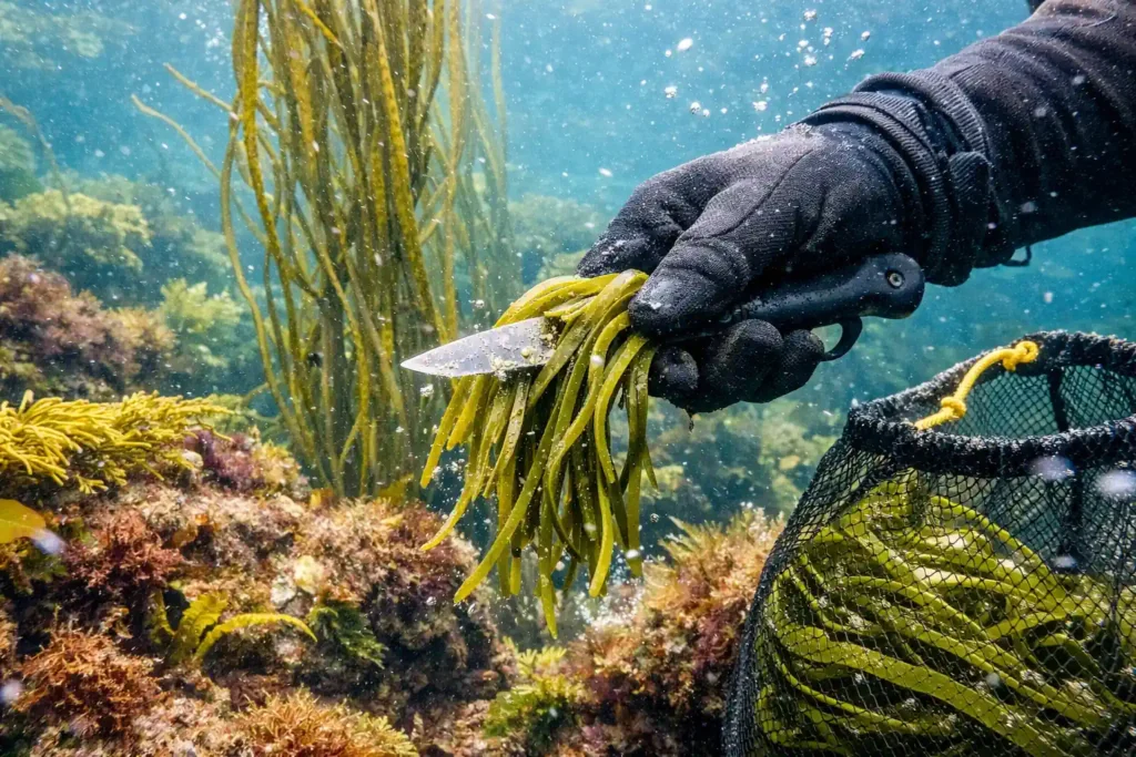 Submarinista cosechando alga espagueti de mar.