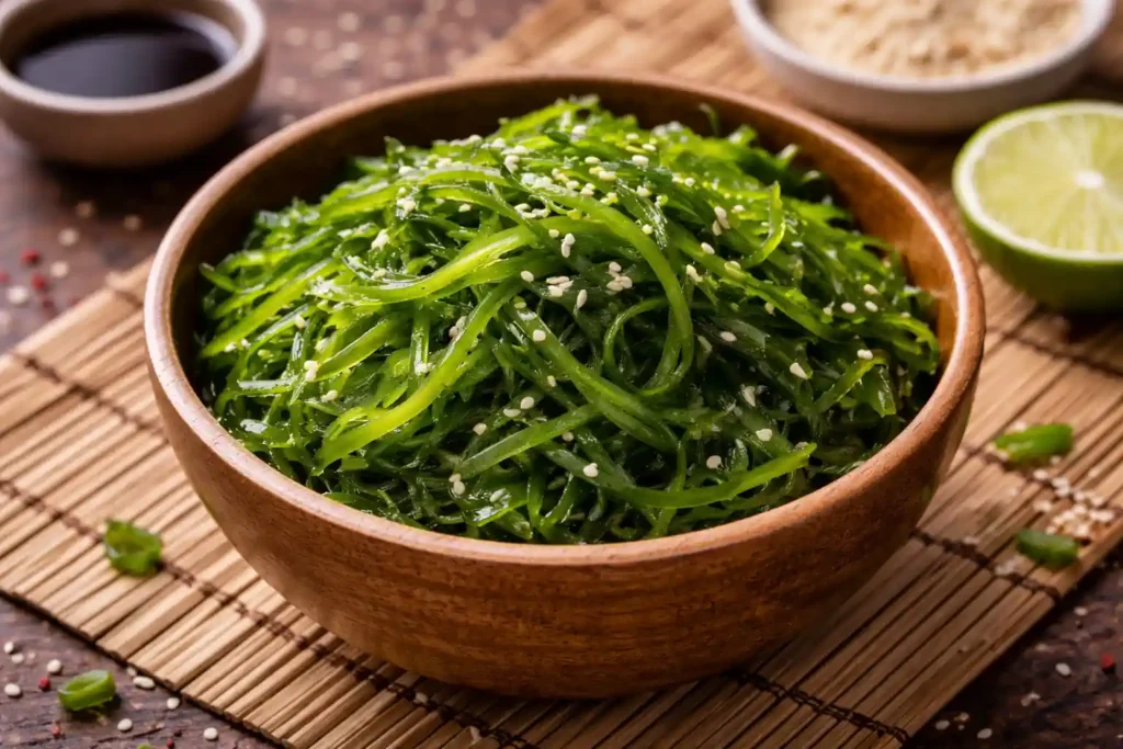Cuenco de ensalada de algas wakame.