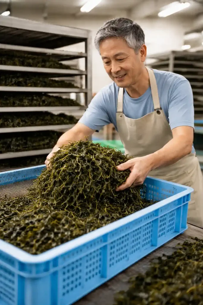 Trabajador recogiendo wakame deshidratado.