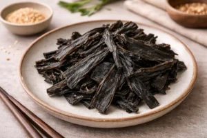 Plato con algas wakame secas.