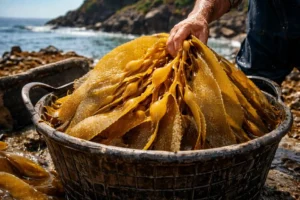 Algas cochayuyo frescas en un cubo.
