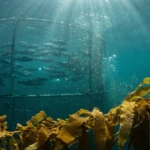 El primer plano de esta imagen está dominado por las frondas doradas y texturizadas de la alga kelp de azúcar (Saccharina latissima) que crecen abundantemente en una cuerda de cultivo. Justo detrás, difuminado por el agua azul-verde pero visible, se encuentra la red de malla de una jaula de salmón (puedes ver siluetas de peces plateados en el interior, nadando en círculos).