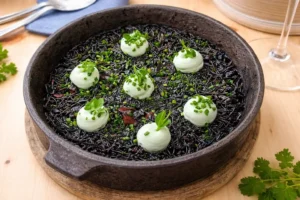 Rossejat de Chocos en su Tinta con AliOli de Espirulina. Restaurante Bacelo de Ferrol.
