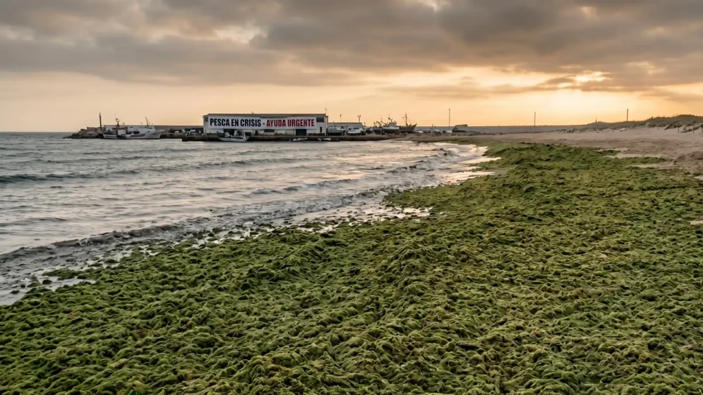 Playa plagada de algas asiáticas en Cádiz. Andalucía.
