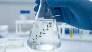 Una mano con guante azul de nitrilo sujeta un frasco de vidrio transparente. Adentro, diminutos esporofitos (bebés de Macrocystis) crecen a lo largo de un hilo fino sumergido en agua de mar filtrada.