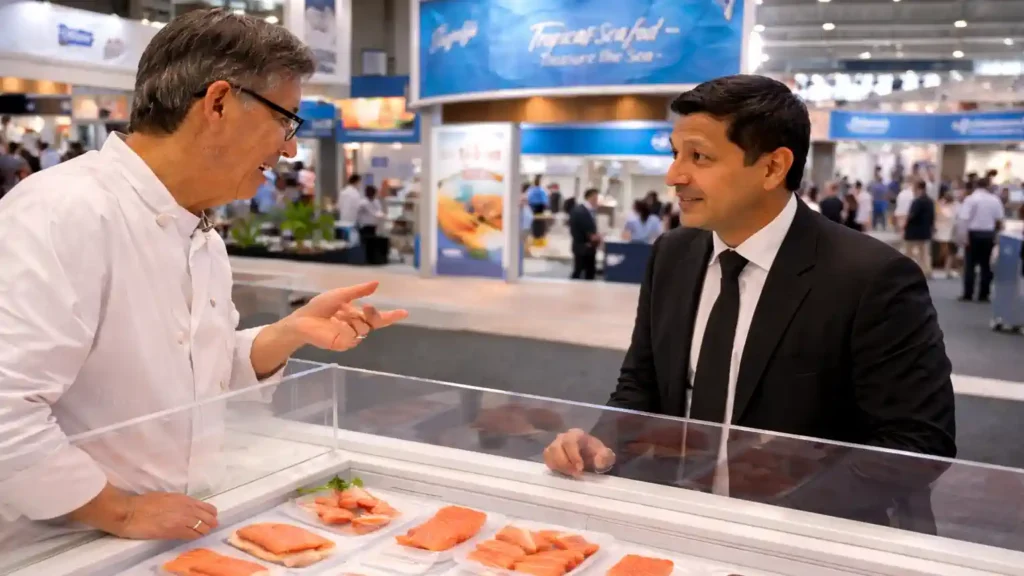 Imagen de un stand en la seafood expo 2026 explicando.