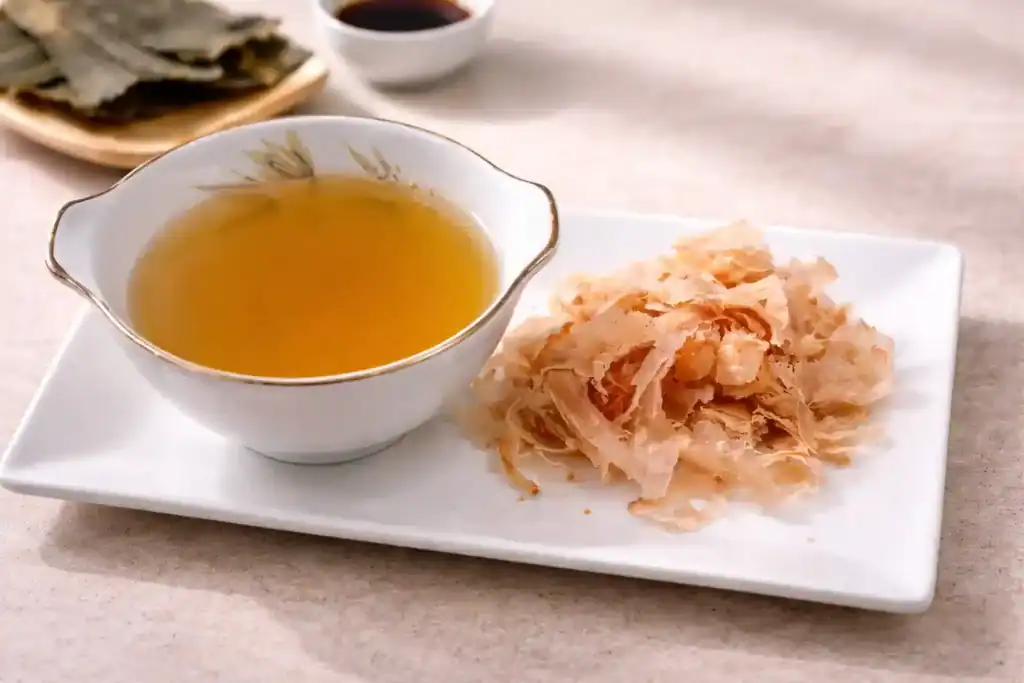 Cuenco lleno de caldo dashi japonés y copos de bonito seco.