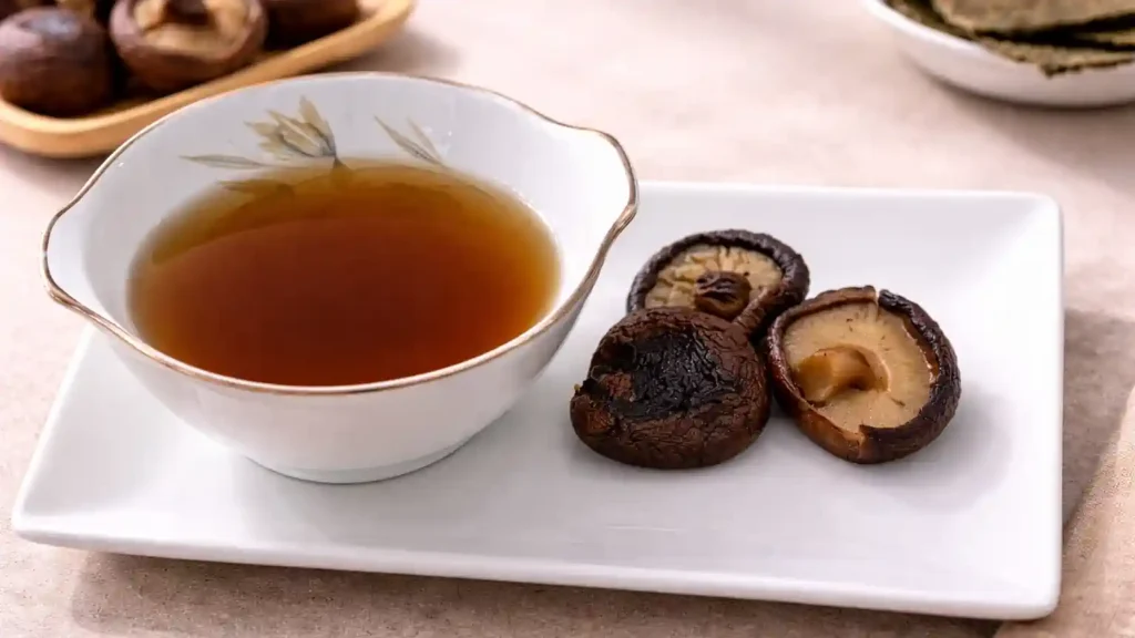 Cuenco lleno de caldo dashi vegano con varias setas shiitake.